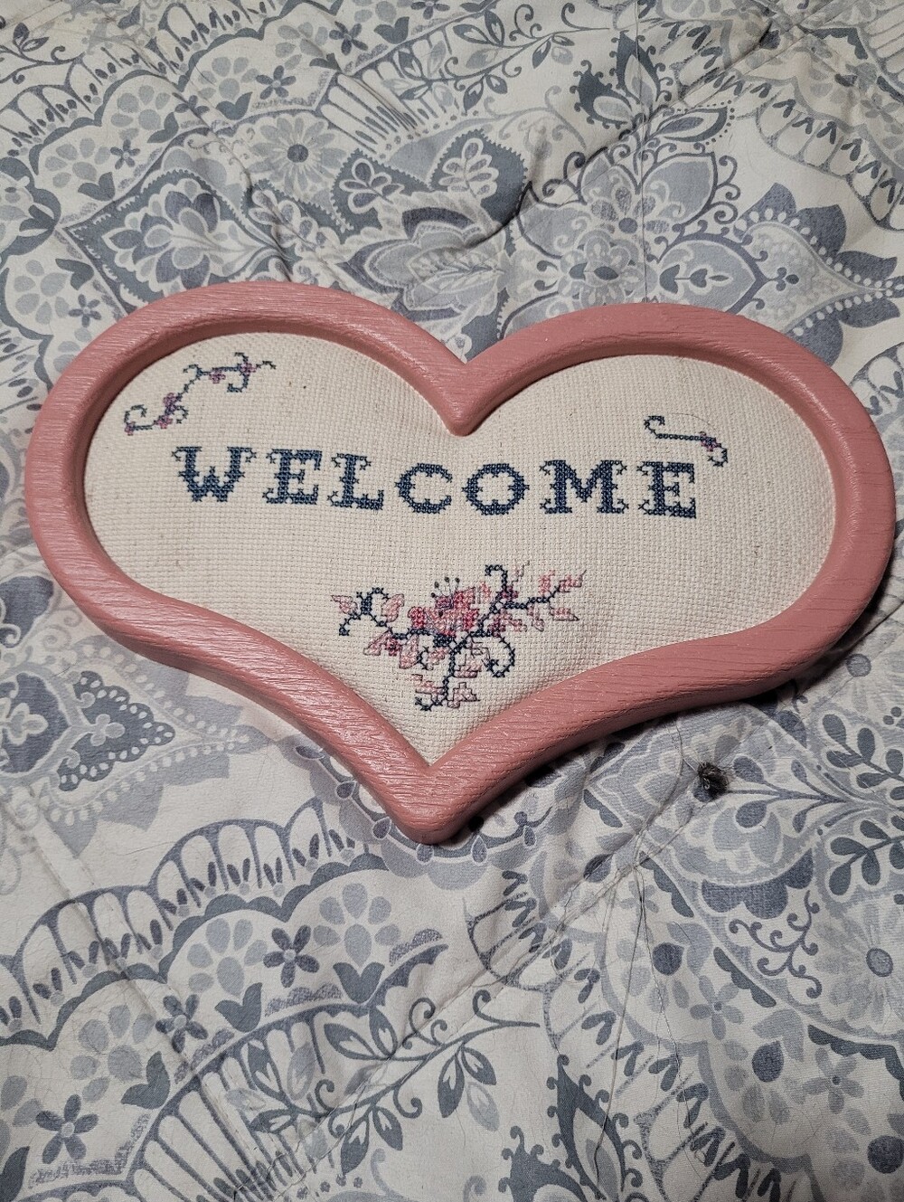 Welcome Heart Wall Accent in Pink Vintage Embroidered